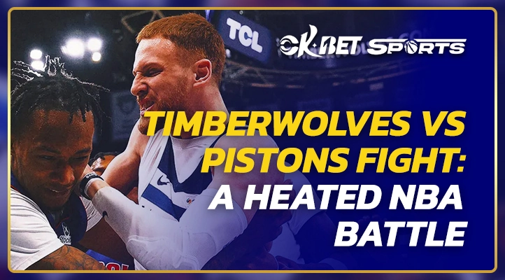 many men fighting in game of timberwolves vs pistons